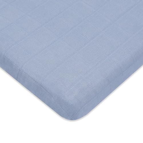 Image of Babyletto 100% Organic Cotton All-Stages Midi Crib Sheet in Dewdrop Blue | GOTS-Certified 100% Organic Cotton Midi Crib Sheet - 360° Fitted, Ultra-Soft & Breathable Muslin For Safe, Cozy Sleep