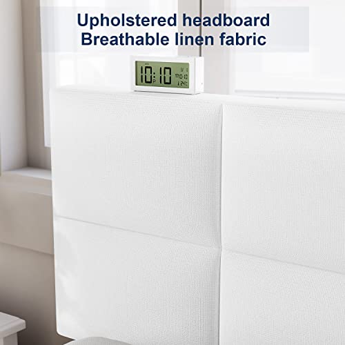 Molblly Full Size Bed Frame Upholstered Platform With Headboard, Strong Frame And Wooden Slats Support, Linen Fabric Wrap, Non-Slip And Noise-Free,No Box Spring Needed, Easy Assembly, White #TOP3