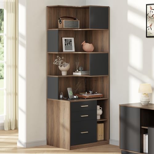 Image of ModernMate 74.4 inch Corner Bookshelf with 3 Drawers and Storage, Power Outlet