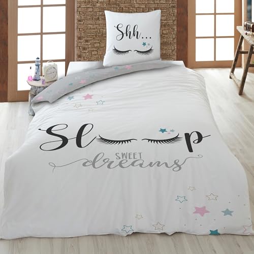 Familando Bettwäsche Set für Mädchen aus 100% Baumwolle (2-teilig), grau - Decken- & Kissenbezug 135x200 80x80 cm - Jugendbettwäsche mit Wimpern...
