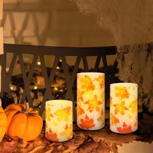 Image of Fall Leaves Flameless Candles with Remote Flickering Real Wax Battery Operated Candles for Home Party Wedding Botanical Autumn Decorations - Set of 3
