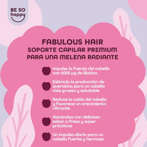 Gominolas para el pelo Biotina 6000 mcg, Vitaminas para el Cabello, 60 dias, Complejo con +10 componentes: Ac Folico + Vitamina A, B6, B12, C, D, E, Zinco y Selenio, Sabor a Fresa, Veganas, BeSoHappy® - imagen 5