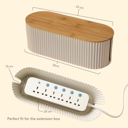Image of Soko Cable Management Box with Bamboo Lid | Cords Hider & Surge Protector | Concealer for Power Strips, Router, TV, Gadget Wires Storage Organiser Tray for Desk, Table - Home, Office - Off-White