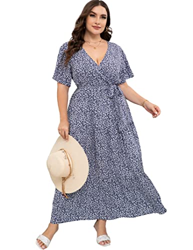 Image of ShopWonder Womens Plus Size V Neck Wrap Maxi Dress High Waist Ruffle Summer Casual Dress with Belt