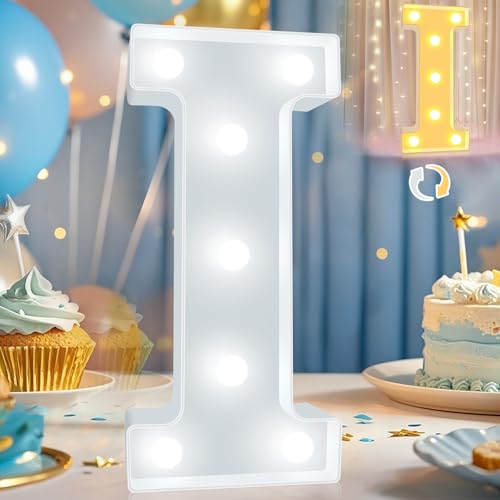 Image of Pooqla LED Marquee Letter Lights, Warm White and Cool White Decorative Lighted Letters, Light Up Alphabet Letters for Boys Girls, Party, Wedding, Bar, Night Light, Birthday Decoration, Letter I