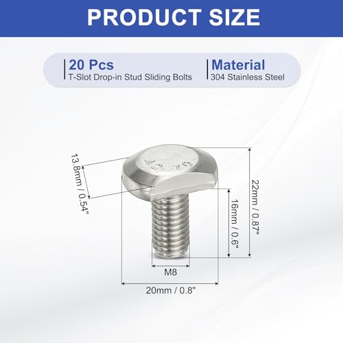 Image of PATIKIL M8 x 16 mm T Slot Bolts, 20 Pcs 304 Stainless Steel Drop-in Bolt T Shape Stud Sliding Screw Metric Thread Hammer Head Bolt for T Track, Silver