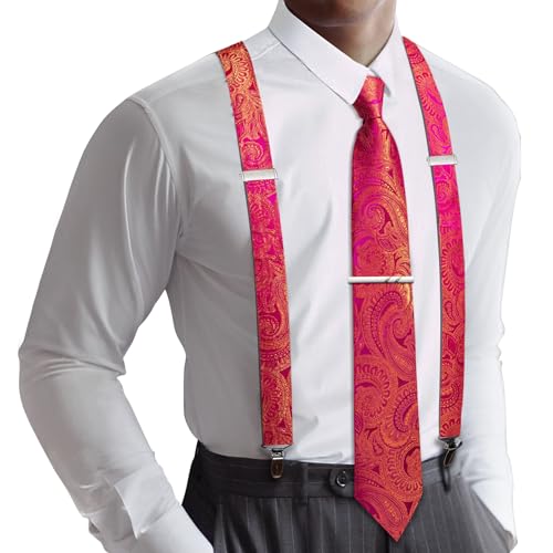 Image of Barry.Wang Men Suspender Set with Necktie Elastic Y Type Heavy Duty 6 Clips Braces Tie Handkerchief Cufflink Pin 6PCS