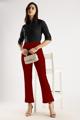 Image of SWADESI STUFF Women's Bell Bottom Trousers - High Waisted Wide Leg Palazzo Pants | Stretchy Cotton Blend Retro Pants for Casual, Office, Party