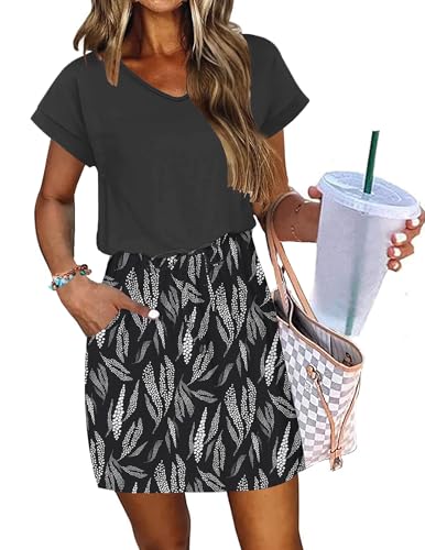 Image of AUSELILY Womens Summer Mini Dress, Short Sleeve V Neck Drawstring Casual | Soft smooth drape with an adjustable drawstring waist for beach, casual outings and daily wear
