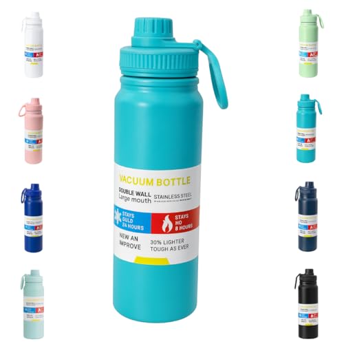 Garrafa De Água Térmica Inox 800ml Parede Dupla com Isolamento a Vácuo Quente e Frio, Antivazamento, Alça e Infusor Ideal para Academia, Caminhada, Escritório, Esportes (Azul celeste)