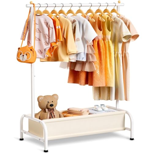 MISSLO Kleiderständer Kinder mit Korb, Klein Kleider Aufbewahrung Kleiderstange für Kleinkinder, Schwerlast Garderobenständer für Baby Kleidung, Weiß