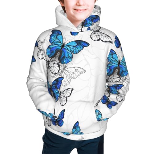 Blue Flying Butterflies Kids Pullover Hoodies Boys Sweatshirts Girls Athletic Clothes with Pocket2