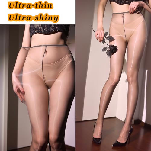 Image of Women's Oil Shiny Pantyhose 3 Denier Ultra-Thin Sheer Tights Silky Control Top Stockings
