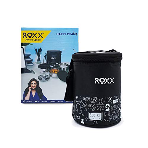 Image of ROXX Happy Meal Tiffin, Stainless Steel Lunch Box for Office /College, Double Walled Puf Insulation with Fabric Insulated Bag, Black (3 Containers)