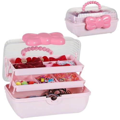 3-Layer Plastic Storage Box with Handle – Multipurpose Organizer for Hair Clips, Headbands, Ties & Jewelry – Ideal for Girls (pink)