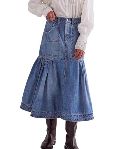 Femiserah Women's Washed Fishtail Denim Skirt High Waist Ruffle Fashion Casual Midi Jean Skirts with Pockets