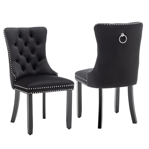 Image of Velvet Dining Chairs, Tufted Kitchen & Dining Room Chairs, Black, Set of 2
