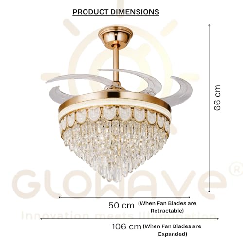 Image of Glowave 52 Inch Black Gold Crystal Chandelier Fan 3 Colors Light Speed Setting 6 Fan Blades Remote Control Ceiling Fan for Kitchen, Cafes, Hotels, Dining, Bar (FI 7680)