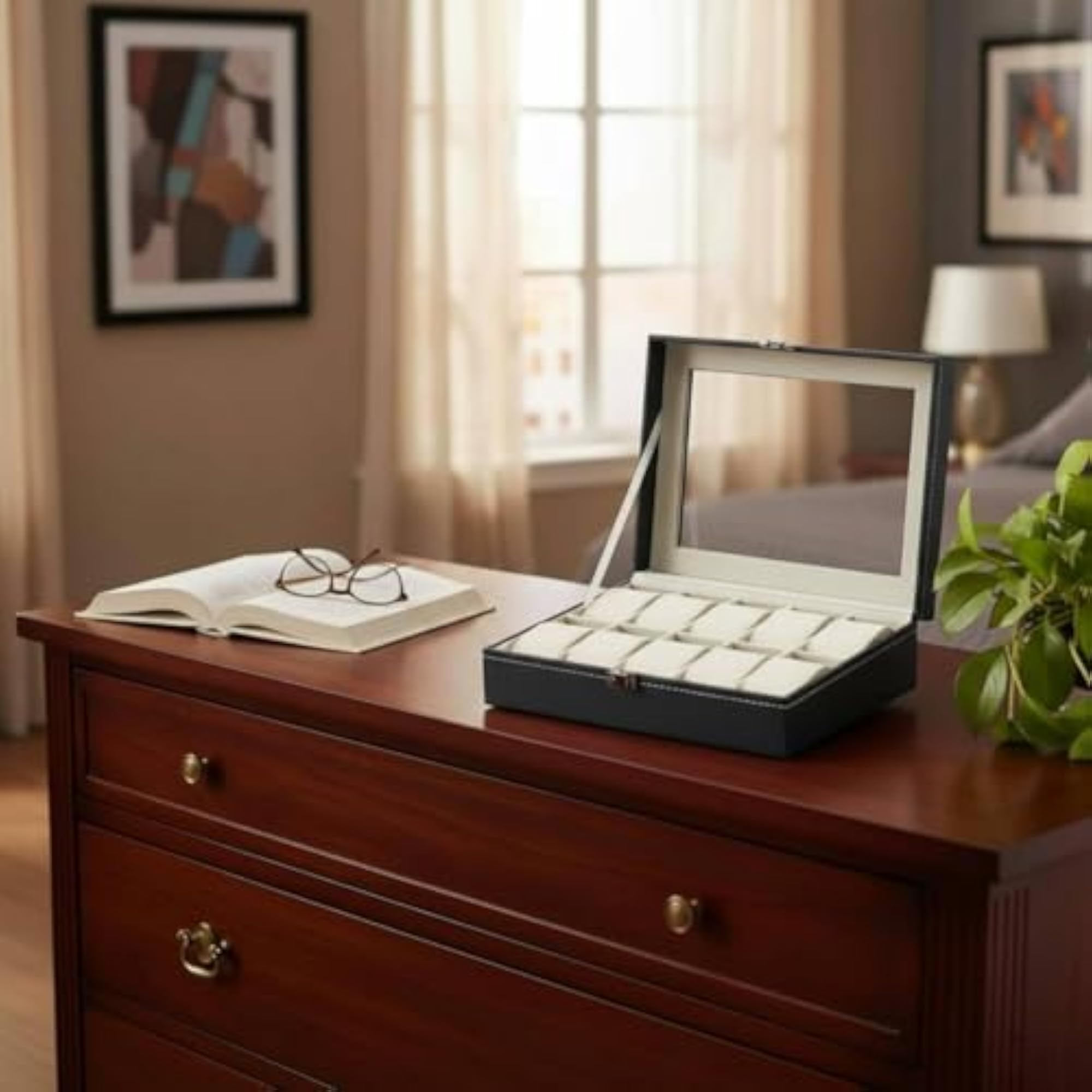 Glass Lid Watch Storage Box with Padded Compartments