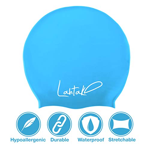 Swim Caps for Long Hair Kids - Swimming Cap for Girls Boys Kids Teens with Long Curly Hair Braids Dreadlocks - 100% Silicone Hypoallergenic Waterproof Swim Hat (Aqua Blue, X-Small) - Thumbnail 2