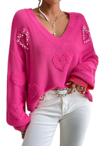Verdusa Women's Pearls Heart Sweater V Neck Drop Shoulder Long Sleeve Knit Sweaters Tops