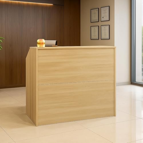 Image of TEKAVO Jupiter Reception Table for Store, Shop & Gym 100 Cm Long | Front Checkout Counter with Lock Drawers & Open Shelf | Cash Counter Table | Light Brown Wood | 100 x 45 x 92 CM | DIY Assembly