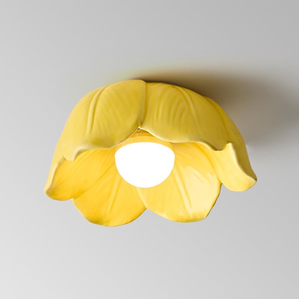 LOGT LED Ceiling Light with Floral Design Indoor Ceramic Ceiling Lamp, Recessed Light Installation for Living Room, 3 Colour Temperatures (3000K/4500K/6000K) Ceiling Lamp for Kitchen Utility,Yellow
