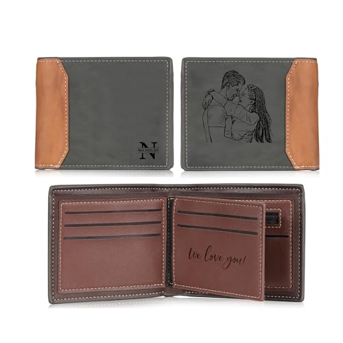 Custom Wallets with Photo for Men Personalized PU Leather Wallet Engraved Picture Name Alphabet for Dad Grandpa Husband Personalized Gifts for Fathers Day Christmas (Style 1)
