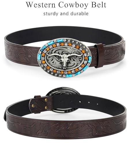 Image of Western-Cowboy-Leather-Belts for Women Turquoise-Oval-Buckle Embossed Belt