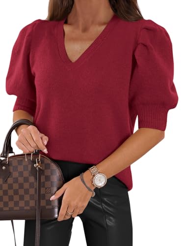 Image of Womens Puff Short Sleeve Sweater Tops 2026 Spring Summer Trendy Casual T Shirts Blouses