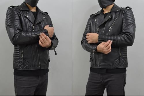 Image of Mens Leather Jacket - Biker Leather Jacket For Men - Lightweight Slim Mens Leather Motorcycle Jackets Black Real Lambskin