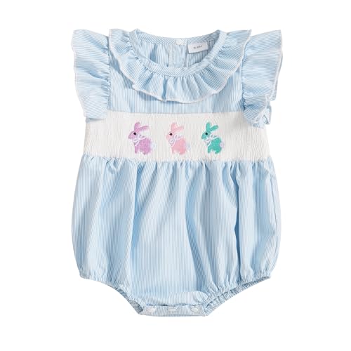 Image of Filgriox Newborn Baby Girl Smocked Romper Embroidery Peter Pan Collar Ruffle Sleeve Bubble Bodysuit Easter Outfit (Blue, 3-6 Months)