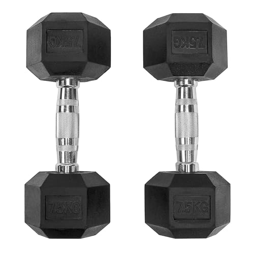 Image of Hex Dumbbell Set - 7.5kg x 2 = 15kg, Rubber Encased Pairs, Anti-Roll Design, Ergonomic Chrome Handles