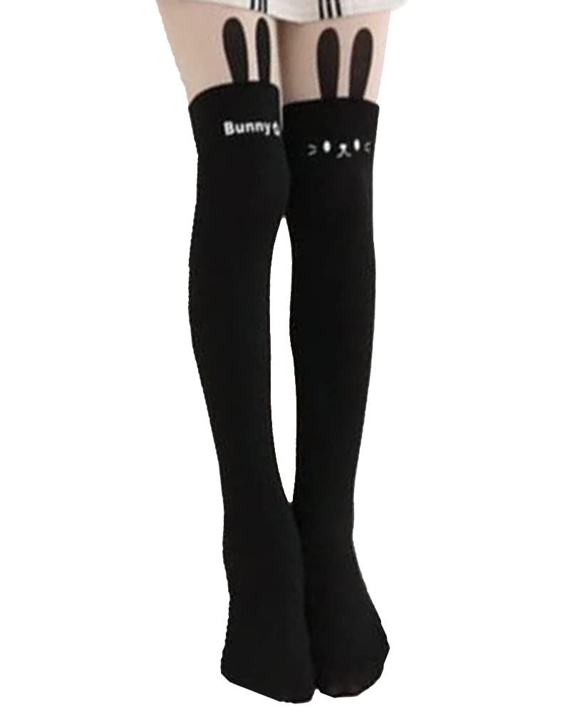 Ulalaza Women's Bunny Black Tobe-U Kawaii Tights Cat Stockings Pantyhose Cartoon Bunny Socks Girls Cute Animal Mock Knee Nude High Thigh Tattoo Patterned Hosiery Leggings Tattoo Legging Tights