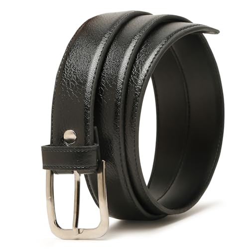 Image of Black Faux Leather Belt for Men | Adjustable Waistband up to 42 Inches | Belt for Jeans & Dress Pants | Belt with Heavy Buckle 135a