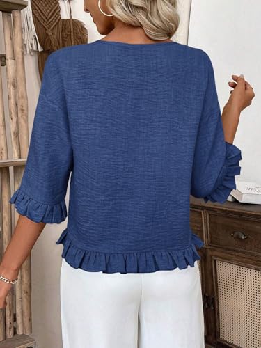 Urchics Womens Ruffle 3/4 Sleeve Tops Casual Linen Blouses Crew Neck Drop Shoulder Dressy Shirts Fall Outfits2