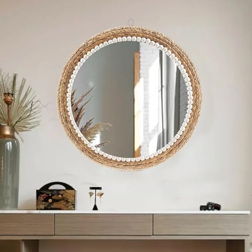 22 Inch Boho Style Decorative Mirror, Round Rattan Wall Hanging Mirror, Nature Rattan Woven Round Mirror, Makeup, Dressing Mirror, Suitable for Dressing Room, Living Room, Bedroom, Farmhouse - Image 4