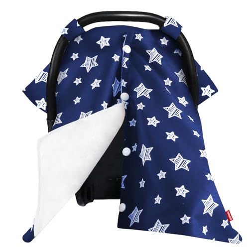 Image of Moonsea Baby Carseat Canopy Nursing Cover, Car Seat Canopy for Girls or Boys, Navy Star Print Infant Car Seat Canopy with Soft Minky Fabric Back, for Breastfeeding Moms