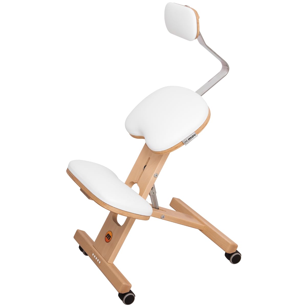 Ergonomischer Stuhl, Kniestuhl Ergo-Comfort+ Snow mit gummierten Rollen und Lendenwirbelstütze, zu 100% aus Buchenholz gefertigt