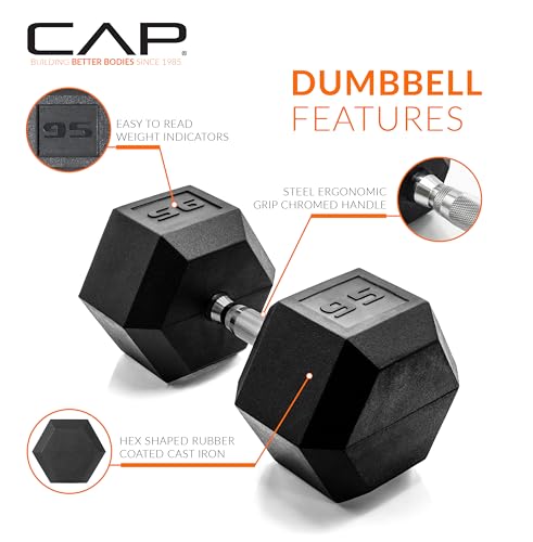 Image of CAP Rubber Coated Dumbbell Weights, Free Weights for Home Gym Strength Training, Anti-Roll Hex Dumbbells with Black, Chrome & Comfort Grip Handles, Singles
