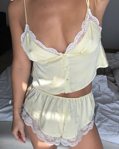 Image of ROAONOCOMO Women Lace Trim Pj Shorts Set Square Neck Coquette Tank Top Silk Satin Pajama Set Babydoll 2 Piece Shorts Outfit