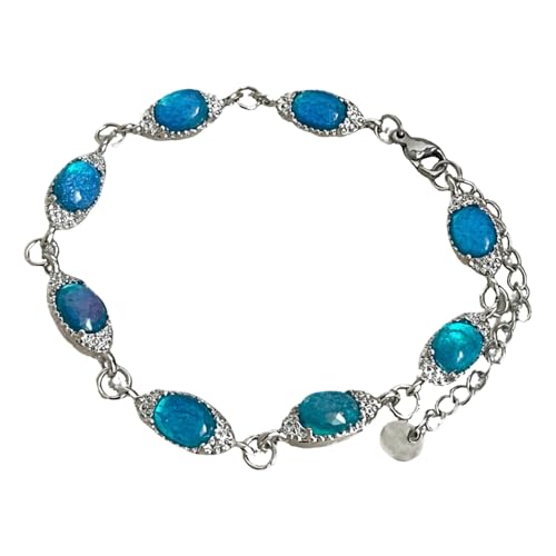Pulsera de eslabones de plata para mujer con piedra preciosa ovalada azul, cadena ajustable y elegante para uso diario, Una talla, Aleación y resina, No es una piedra preciosa, Una talla, Aleación y
