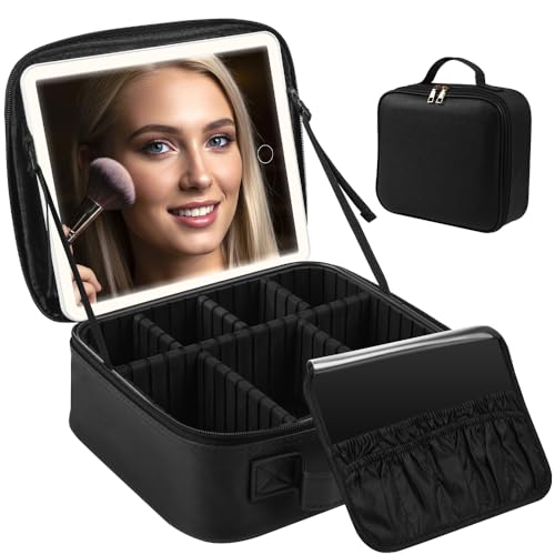 Maleta de Maquiagem, Organizador de Maquiagem com Espelho de LED, Bolsa de Maquiagem com Espelho e Luz LED de 3 Cores, Bolsa de cosméticos de Viagem para Mulheres