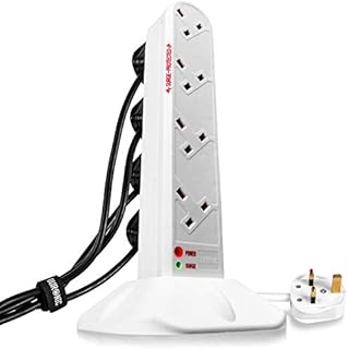 Duronic Extension Lead Tower ST8W Power Strip Cord Adaptor 8 Gang Way | Surge & Spike Protector| Electric UK Multi Plug Socket Adapter | 1.8 Metre Power Cable - White