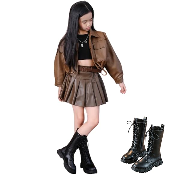 Mid Calf Boots for Girl Fleece Lined Tie Black Boots Casual Side Zipper Riding Boot PU Leather Platform Combat Booties 4-11 Years2