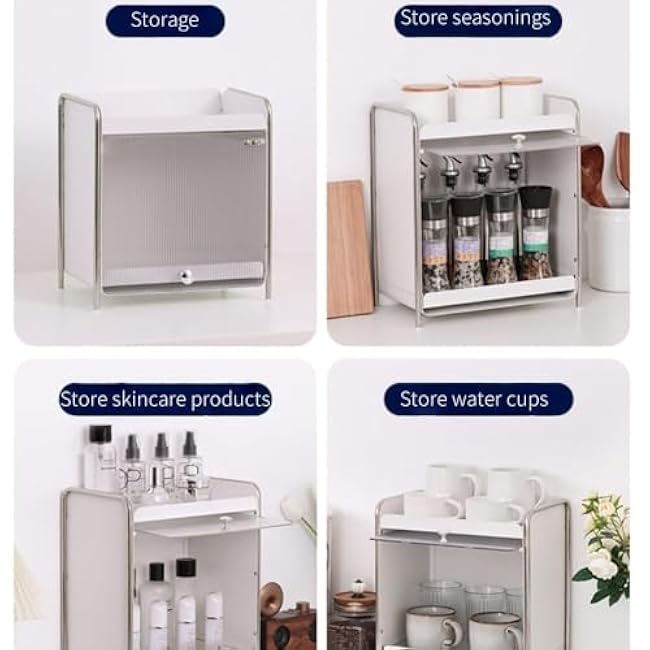 Acrylic Cup Storage Organizer with Flip-Up Door Countertop Mug Rack Cabinet with Pull-Out Tray for Kitchen Office & Vanity Beautiful