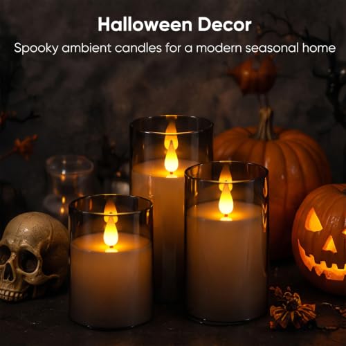 Image of Homemory Gray Flameless Candles, Battery Operated Acrylic LED Pillar Candles with Remote Timer, Realistic Flickering Fake Candles for Home Decor, Wedding, Party, Halloween Decorations, Set of 3