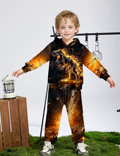 Image of Boys Clothes, T-Rex Print Dinosaur Boy Clothes Fall Winter Outfits Long-sleeved Hooded Sweatshirt Pants 2Pcs Set