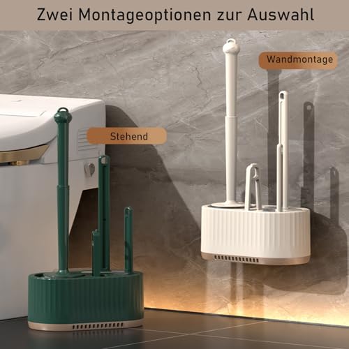 Image of Basaza Toilet Brush and Holder Set Toilet Bowl Cleaning Brush and Holder for Bathroom Toilet Bowl Cleaner Brushes & Holders 4 in 1 Dark Green Bathroom Accessories Wall Mounted or Floor Standing