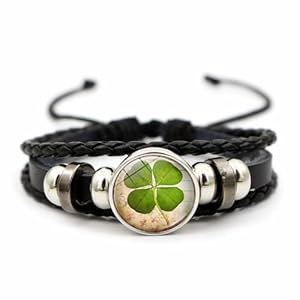 OIDIMS Four Leaf Clover Bracelet for Women Men Irish Shamrock Lucky Flower Charm Beaded Adjustable Bangle Woven Leather Braided Inspired Couple Bracelets Promise Jewelry Gifts St. Patrick’s Day